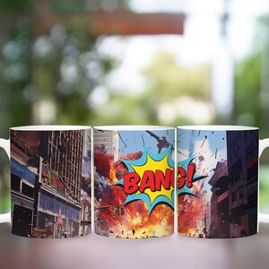 May include: White ceramic coffee mug featuring a comic book-style illustration of an urban explosion with the word "BANG!" in a yellow and blue speech bubble. The mug depicts city buildings and a fiery explosion.
