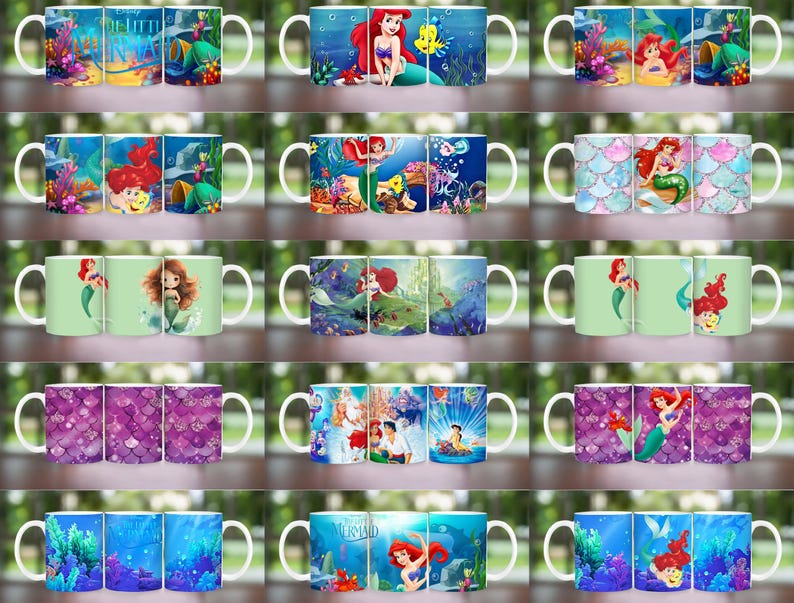 Puede incluir: Tazas de cer&aacute;mica blanca con ilustraciones coloridas de sirenas y escenas submarinas. Los dise&ntilde;os incluyen a Ariel, Flounder y varios elementos acu&aacute;ticos. Adecuadas para bebidas fr&iacute;as o calientes.