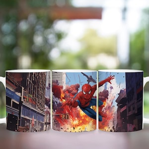 May include: White ceramic mug featuring a dynamic illustration of Spider-Man in action amidst an urban explosion. The design showcases the superhero in his iconic red and blue suit, set against a backdrop of city buildings and fiery blasts.