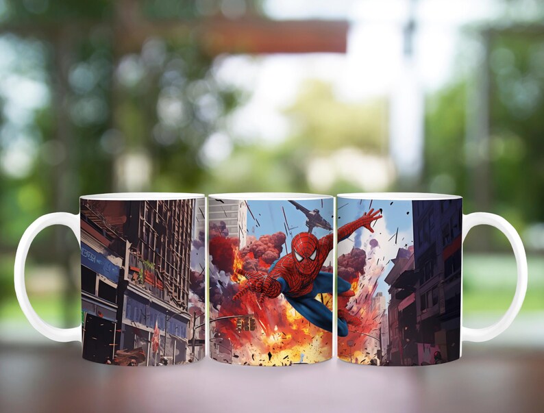 May include: White ceramic mug featuring a dynamic illustration of Spider-Man in action amidst an urban explosion. The design showcases the superhero in his iconic red and blue suit, set against a backdrop of city buildings and fiery blasts.