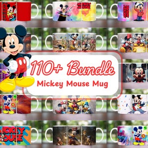 Puede incluir: Una colección de tazas de cerámica blanca con varios diseños de Mickey Mouse. Las tazas muestran diferentes escenas y estilos, con colores vibrantes y el texto "110+ Bundle Mickey Mouse Mug".