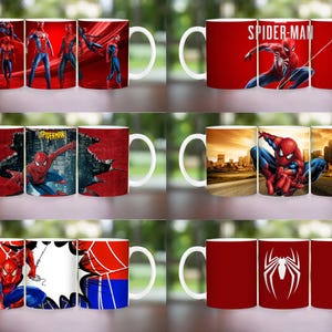 May include: White ceramic mugs featuring Spider-Man designs. The mugs showcase various action poses and graphics of the superhero, with vibrant red, blue, and white colors. Some mugs have the Spider-Man logo, while others display the character in dynamic scenes.