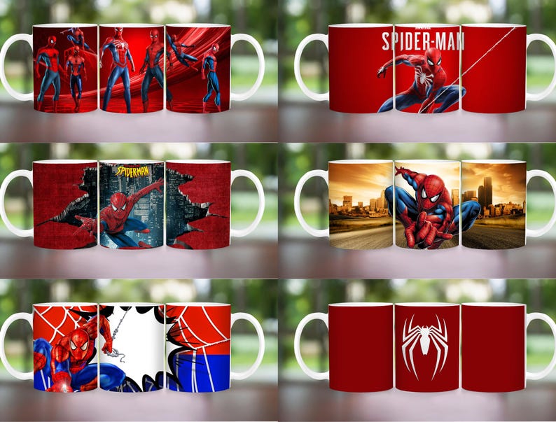 May include: White ceramic mugs featuring Spider-Man designs. The mugs showcase various action poses and graphics of the superhero, with vibrant red, blue, and white colors. Some mugs have the Spider-Man logo, while others display the character in dynamic scenes.