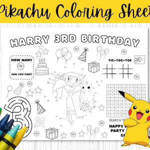 Pikachu Coloring Pages Instant Download and Print Birthday Coloring Page Editable Coloring  sheet editable