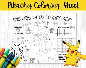 Pagine da colorare di Pikachu Download istantaneo e stampa Pagina da colorare di compleanno modificabile Foglio da colorare modificabile