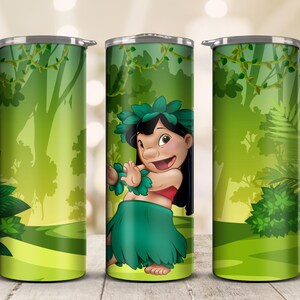 May include: A green and silver insulated tumbler featuring a cartoon character in a green skirt and lei, set against a jungle backdrop. The design wraps around the tumbler, showcasing lush foliage and a vibrant color palette.