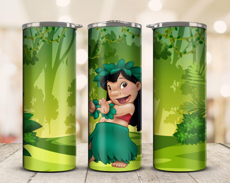 May include: A green and silver insulated tumbler featuring a cartoon character in a green skirt and lei, set against a jungle backdrop. The design wraps around the tumbler, showcasing lush foliage and a vibrant color palette.