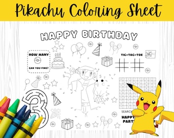 Pikachu Birthday Coloring Page, Editable Name (Digital Download)