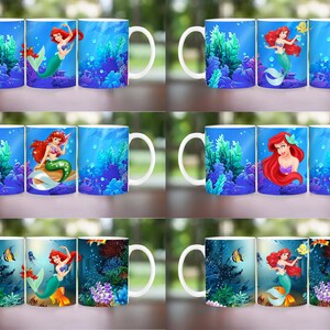 Puede incluir: Tazas de cer&aacute;mica blanca con un dise&ntilde;o de sirena. Las tazas muestran a la sirena con cabello rojo y cola verde, ambientada en una vibrante escena submarina con corales y peces. Ideal para los fans de La Sirenita.