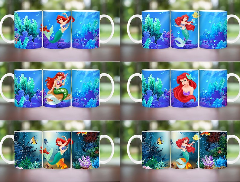 Puede incluir: Tazas de cer&aacute;mica blanca con un dise&ntilde;o de sirena. Las tazas muestran a la sirena con cabello rojo y cola verde, ambientada en una vibrante escena submarina con corales y peces. Ideal para los fans de La Sirenita.