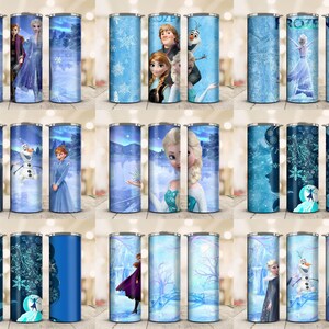 May include: A collection of insulated tumblers featuring characters and scenes from the animated movie "Frozen." The tumblers are primarily blue, with images of Elsa, Anna, Olaf, and other characters. The designs include snowflakes and winter landscapes.