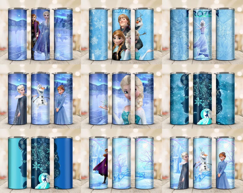 May include: A collection of insulated tumblers featuring characters and scenes from the animated movie "Frozen." The tumblers are primarily blue, with images of Elsa, Anna, Olaf, and other characters. The designs include snowflakes and winter landscapes.
