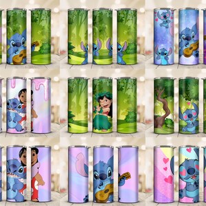 May include: A collection of insulated tumblers featuring various designs of the character Stitch from the animated film Lilo & Stitch. The tumblers showcase Stitch with a ukulele, in a forest setting, and with Lilo.