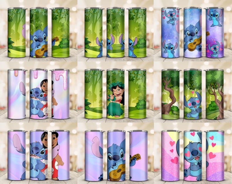 May include: A collection of insulated tumblers featuring various designs of the character Stitch from the animated film Lilo & Stitch. The tumblers showcase Stitch with a ukulele, in a forest setting, and with Lilo.