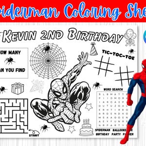 May include: Spiderman coloring sheet with the text "Spiderman Coloring Sheet" and "Kevin 2nd Birthday". Includes a maze, tic-tac-toe, word search, and a Spiderman illustration. A full-color Spiderman figure is on the right.