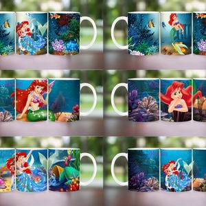 Puede incluir: Tazas de cer&aacute;mica blanca con un dise&ntilde;o de sirena sobre escenas submarinas vibrantes. Las tazas muestran una sirena con cabello rojo y cola verde, rodeada de corales coloridos, peces y plantas acu&aacute;ticas. Ideales para caf&eacute;, t&eacute; o cualquier bebida.