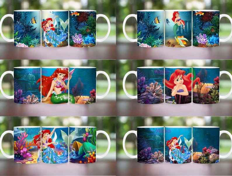 Puede incluir: Tazas de cer&aacute;mica blanca con un dise&ntilde;o de sirena sobre escenas submarinas vibrantes. Las tazas muestran una sirena con cabello rojo y cola verde, rodeada de corales coloridos, peces y plantas acu&aacute;ticas. Ideales para caf&eacute;, t&eacute; o cualquier bebida.