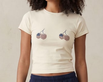 Patriotic Cherries on Nips Baby Tee: Y2K Cropped T-Shirt Featuring Two American Flag Cherry Bombs, 2000s 90s Aesthetic Graphic Tee