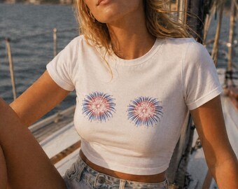 Fireworks on Nips Baby Tee: Fourth of July Y2K Cropped T-Shirt, 2000s 90s Aesthetic Graphic Tee