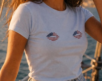 Patriotic Lips on Nips Baby Tee: Y2K Cropped T-Shirt Featuring Two American Flag Lipstick Prints, 2000s 90s Aesthetic Graphic Tee