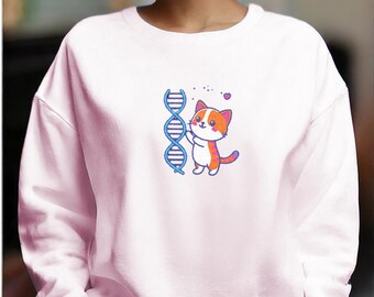 Embroidered Science Cat Sweatshirt: DNA Helix and Hearts Graphic, Biology, Chemistry Teacher Gift, Biomedical Engineer Cotton Blend Crewneck