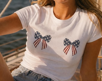 Patriotic Ribbon Baby Tee: Y2K Cropped T-Shirt Featuring Two American Flag Bows, 2000s 90s Aesthetic Graphic Tee