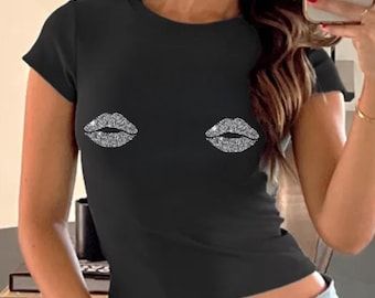 Disco Kiss Baby Tee: Y2K T-Shirt Featuring Lipstick Kiss Prints in a Disco Ball Pattern (NOT ACTUALLY SHINY), 2000s 90s Aesthetic Style