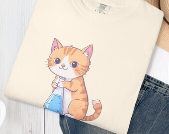 T-shirt Science Cat Comfort Colors: doctoraatsdiploma, shirt scheikundeleraar kat moeder, erlenmeyer, lapjeskatje, T-shirt van 100% katoen