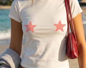 Starfish Nips Baby Tee: Y2K Cropped T-Shirt Featuring Starfish, 2000s 90s Aesthetic Graphic Tee