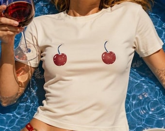 Cherry Bomb on Nips Baby Tee: Y2K Cropped T-Shirt Featuring Two Patriotic Cherry Bombs, 2000s 90s Aesthetic Graphic Tee