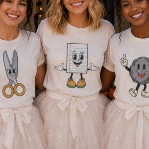 Rock Paper Scissors Costume Shirt: Group Halloween Costume Tee, Teacher Halloween Costume, Matching Friend Group Shirts, 3 Person Costume