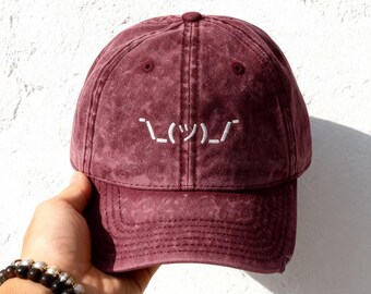 Shrug Emoji Embroidered Corduroy Dad Hat: Funny Sarcastic Cap, Denim, Vintage Retro Baseball Hat, Pop Culture Inspired Design