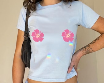 Pink Hibiscus Nips Baby Tee: Y2K Cropped T-Shirt Featuring Tropical Flowers, 2000s 90s Aesthetic Graphic Tee