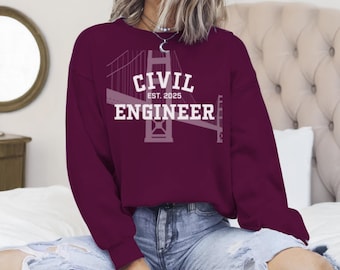 Custom Civil Engineer Sweatshirt, College Graduation Gift, Personalized Year Established Crewneck, Suspension Bridge Graphic, Cotton Blend