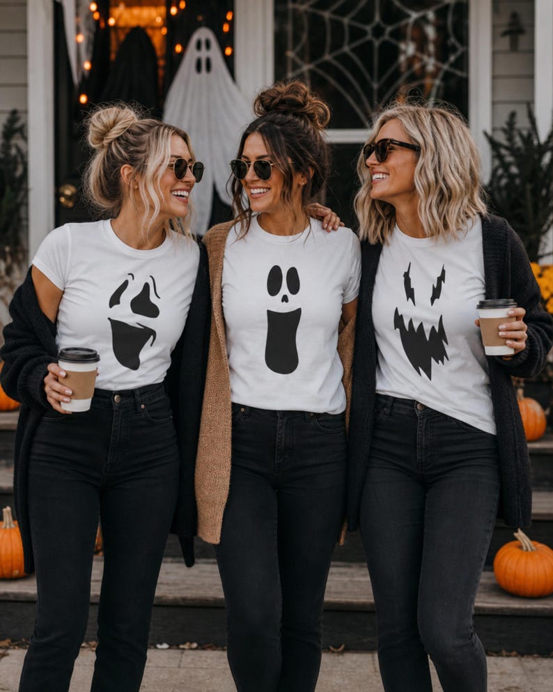 May include: Three white short-sleeved t-shirts, each featuring a distinct black graphic of a ghost face. The shirts are paired with black jeans and open-front cardigans in black and tan, creating a coordinated look for the autumn season.