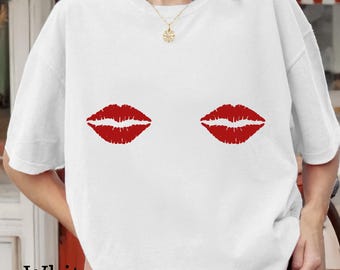 Lips on Nips Comfort Colors T-shirt: Lipstick Kiss Print on Chest Graphic Tee, 100% Cotton