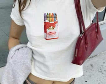 Crayon Cigarettes Baby Tee: Y2K Cropped T-Shirt Featuring a Pack of Cigarettes Filled With Crayons, 2000s 90s Aesthetic Graphic Tee
