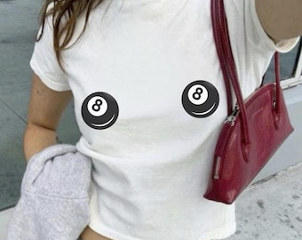 8 Ball Nips Baby Tee: Y2K Cropped T-Shirt Featuring two eight balls, 2000s 90s Aesthetic Graphic Tee