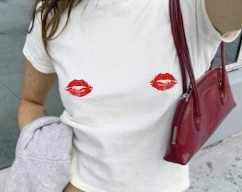Valentine's Nips Baby Tee: Y2K Cropped T-Shirt Featuring Red Lipstick Kisses, 2000s 90s Aesthetic Graphic Tee