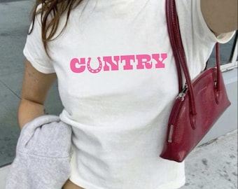 Cuntry Baby Tee: Y2K Cropped T-Shirt, Country Horseshoe, Pink Cowgirl, 2000s 90s Aesthetic Graphic Tee