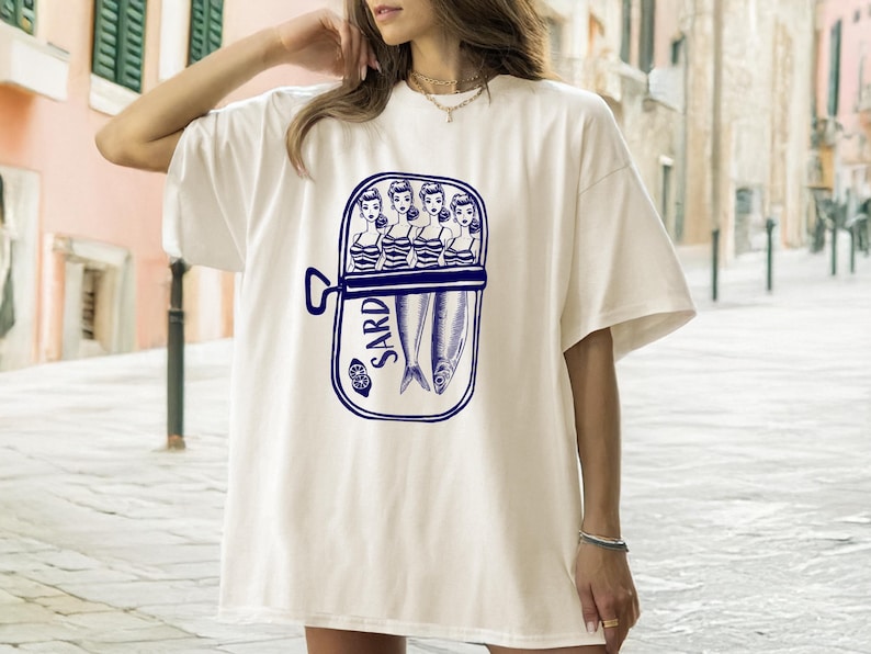 Sardine Barbie T-Shirt: Comfort Colors Italian Summer Tee, Tinned Fish Graphic, Fisherman Aesthetic, Doll Shirt, La Dolce Vita, Amalfi Coast image 1