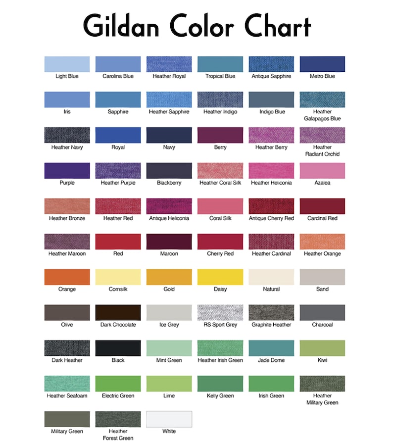 May include: A Gildan Color Chart featuring a grid of rectangular colour swatches with corresponding names printed below each. The chart displays a wide variety of shades including blues, purples, reds, oranges, yellows, neutrals, and greens.