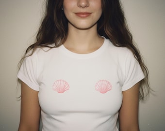 Shell on Nips Baby Tee: 90s Style t-shirt, y2k Fashion, Pink Seashell Design, Beachy Shirt, Teenage Girl Gift
