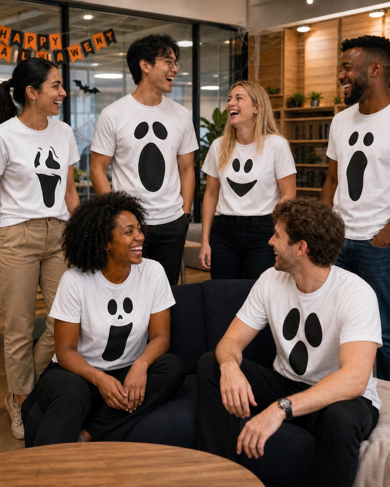 May include: A group of six white t-shirts featuring various black ghost face graphics. Each shirt displays a unique expression, including wide-eyed, screaming, and smiling ghost faces printed on the front of the short-sleeved cotton garments.