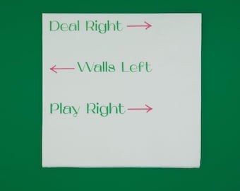 May include: A square white paper napkin featuring green text and pink arrows. The text reads Deal Right with a right-pointing arrow, Walls Left with a left-pointing arrow, and Play Right with a right-pointing arrow, all printed on the napkin surface.