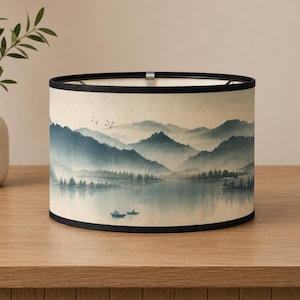Pantalla de lámpara de bambú azul con diseño de paisaje, pantalla tejida de estilo japonés, cubierta para lámpara de mesa con paisaje para la decoración del dormitorio.