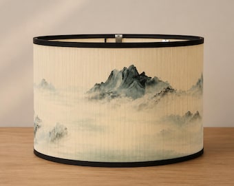 Japanse bamboe trommelvormige lampenkap, lampenkap met berglandschap, geweven hanglampkap voor slaapkamer en interieur.