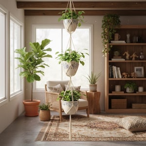 Tiered Macrame Plant Hanger | Boho Triple Pot Holder | Indoor Ceramic Planter Decor