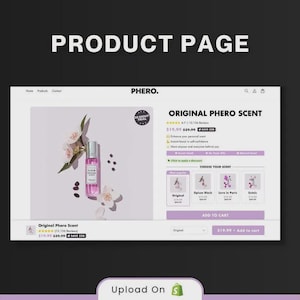 May include: A product page for "Original Phero Scent" perfume. The page features a pink perfume bottle with a silver cap, surrounded by white flowers and dark seeds. The page includes product details and options to choose a scent.