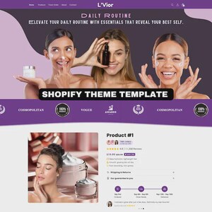 May include: A website template for L'Vior, featuring a purple and white design. The banner includes the text "DAILY ROUTINE" and "SHOPIFY THEME TEMPLATE". The image showcases three women with skincare products. The page also displays product information and customer reviews.